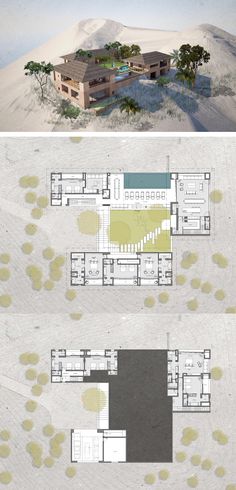 two different views of the same house from above and below, one shows an open floor plan