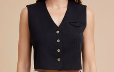 VEST: 4 BUTTONS WELT POCKET BACK BELT DETAIL Short, fitted vest in woven fabric with shaping seams at front. V-neck, buttons at front. 68%POLYESTER 30% RAYON 2%SPANDEX Fitted Vest, Button Vest, Black Button, Welt Pocket, Woven Fabric, Spandex, V Neck, Fabric, Black