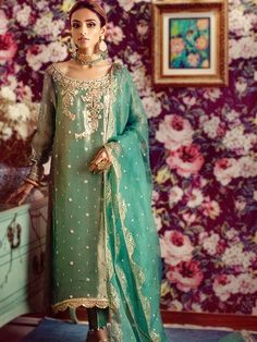 Tissue Suit, Pakistani Velvet Dresses, Formal Dresses Uk, Annus Abrar, Persian Green, Cropped Trouser, Pakistani Formal Dresses, Chartreuse Green, Designer Anarkali