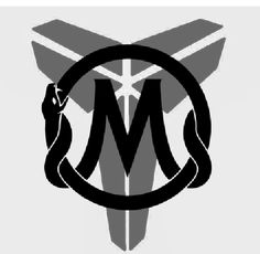 the m logo is shown in black and white, with a snake on it's head