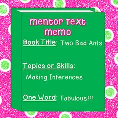 a pink and green book cover with polka dots on it, which reads mentor text memo