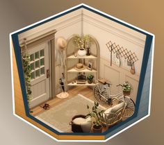 an aerial view of a living room with furniture and potted plants on the shelves