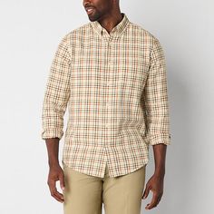 For a true style essential, try this St John's Bay men's performance oxford shirt. Made from 100% cotton with stain-release properties, this button-down has a classic-fit with a spread collar, long cuffed sleeves, and a chest pocket. Style it with chinos and boat shoes.Mysterious Green does not have stain release propertiesFeatures: Stain ReleaseClosure Type: ButtonFit: Classic FitNeckline: Collar NeckPockets: 1 Chest Slip PocketSleeve Length: Long SleeveSleeve Style: Cuffed SleeveApparel Length Gingham Pattern, Collar Neck, Large Shirts, Mens Oxfords, Button Front Shirt, Oxford Shirt, Fashion Essentials, Cuff Sleeves, Chest Pocket