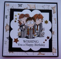 a birthday card with three people dressed in suits and stars on the bottom, which says wishing you a happy birthday