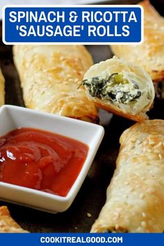 spinach and ricotta sausage rolls with dipping sauce