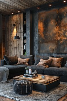 a living room filled with furniture and a painting on the wall