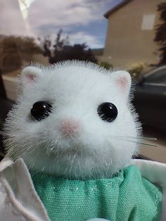 a white stuffed animal with black eyes and a green shirt in front of a car