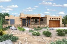 an artist's rendering of a house in the desert with cactus and rocks around it