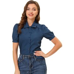 This shirt is suitable for office, work, seminar, or anywhere requiring formal wearing, and easy to easy-to-match skirt, jeans, or any pants. Create a chic style for your daily career wardrobe with this work shirt. A basic button-up firm shirt with elegant looking, stylish, and feminine. A chic and feminine short-sleeve blouse with a spread collar brings instant romance to any look. Casual Office Wear Shirt In Solid Color, Puff Sleeve Solid Color Blouse For Work, Collared Solid Color Office Shirt, Solid Blouse With Button Closure For Business Casual, Solid Color Collared Office Shirt, Collared Solid Color Shirt For Office, Solid Color Shirt With Buttons For Work, Puff Sleeve Solid Color Office Blouse, Solid Color Puff Sleeve Blouse For Office