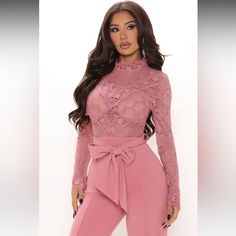 Fashion Nova Pink Lace Jumpsuit. Brand New With Tags Attached!! Size M Elegant High Waist Pink Jumpsuits And Rompers, Elegant Pink High-waist Jumpsuits And Rompers, Spring Party Bodysuit In Feminine Style, Elegant Pink Bodysuit For Night Out, Feminine Pink Bodysuit For Party, Feminine Pink Party Bodysuit, Feminine Pink Jumpsuits And Rompers For Night Out, Pink Lace Jumpsuit, Jumpsuit Lace