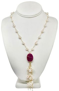 CERTIFIED $4,750 Large 8.25-7.25 MM Fine Quality Akoya Pearl & Finely Faceted Ruby Necklace 33.65 GramsA Majestic Necklace with 24 inches in length with a 4.5 inch drop tasselThese Fine Quality pearls are truly wonderfully Lustrous and they alternate in size throughout the necklace.This is a One of a Kind Unique Cu Ruby Necklace