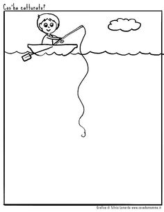 a cartoon drawing of a man in the water with a fishing rod and an arrow