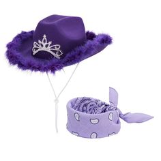 PRICES MAY VARY. This Purple cowgirl hat features a feather boa for a more stylish look along with a 20 x 20 inch paisley bandana. Great craftsmanship Blinking Crown Tiera will brighten up the room along with your beautiful smile. Perfect companion for woman of all ages. This cowgirl set is perfect for your next country concert, cowgirl costume, or rodeo, Halloween, Birthday Parties, family outing and all occasions. This hat comes one size fits most adults, teens, and children 11 and older. Meas Purple Cowgirl Hat, Purple Cowboy Hat, Purple Cowgirl, Eras Fits, Halloween Birthday Parties, Preppy Hat, Cute Concert Outfits, Feather Crown, Pink Bandana