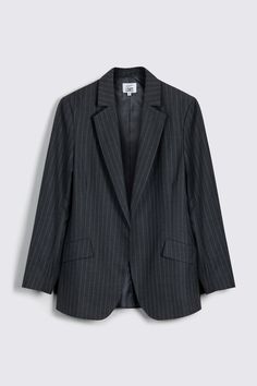 BETTINE WOOL BLEND PINSTRIPE BLAZER (CHARCOAL) Pinstripe Blazer Outfit, Summer Knitwear, Pinstripe Blazer, Jumpsuit And Blazer, French Navy, Loose Shirts, Blazer Outfits, Linen Blazer, Sweatshirt Shirt