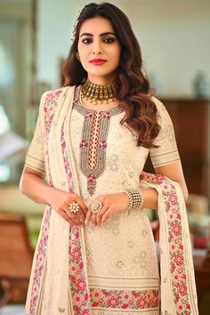 Buy Palazzo Style Cream Suit - Embellished Georgette Suit Wedding Sharara Suit, White Gharara, Sharara Outfit, Sharara Outfits, Designer Sharara Suits, Georgette Palazzo, Georgette Suit, Gharara Suits