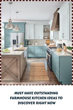 a kitchen with blue cabinets and an area rug that says must have outstanding farmhouse kitchen ideas to discovery right now