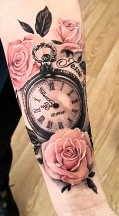 a person with a clock and roses on their arm