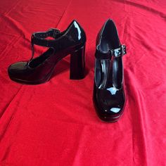 Nwt Size 6 1/2 In Juniors Black Platform Style, High Heel Patent Leather With A Strap On The Side And The Heel Measures 4 Inches And In The Front It Measures 1 Inch These Could Be Casual However They Could Also Be Used For Festive Occasions Retro Black Mary Janes With Block Heel, High Heel Patent Leather Mary Janes For Party, Patent Leather High Heel Mary Janes For Party, Black Platform High Heel Mary Janes, Black Platform Mary Janes For Party, Black High Heel Platform Mary Janes, Black Patent Leather Platform Mary Janes, Black High Heel Mary Janes For Party, Black Pointed Toe Mary Janes For Party