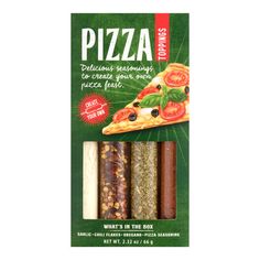 four different types of pizzas are in the package