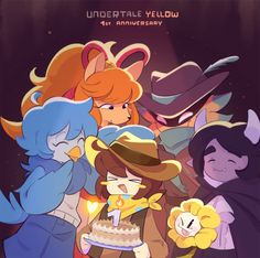 an image of some cartoon characters with a cake in front of them and the caption underneath that reads, undertale yellow