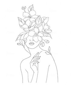 a line drawing of a woman with flowers on her head, holding an apple in her hand