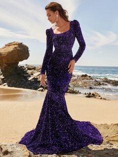 Elegant Square Neck Long Sleeve Sequin Mermaid Prom Gown – Faeriesty Purple Mermaid Gown, Indo Western Dress For Girls, Mermaid Prom Gown, Long Sleeve Mermaid Dress, Sequin Mermaid Dress, Western Dresses For Girl, Mermaid Gown Prom, Purple Wedding Dress, Wedding Dresses For Kids