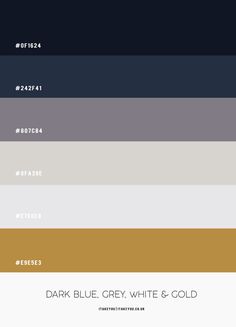 the color palette for dark blue grey, white and gold