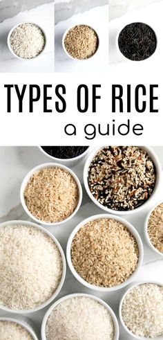 different types of rice in white bowls with text overlay that says types of rice a guide