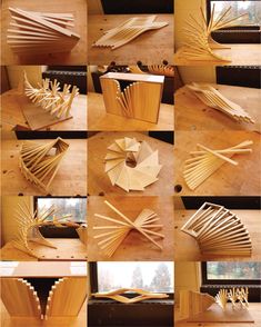 the steps to make a sculpture out of wood are shown in several different positions and sizes