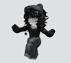 an animated image of a person with long hair and black clothes, standing in front of a gray background