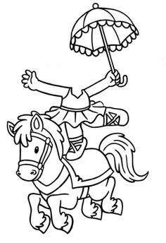 a girl riding on a horse with an umbrella over her head coloring page for kids