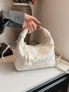 Simple And Elegant Botanical Flower Portable Handbag For Women, Fashionable And Versatile (Random Print) Beige Casual,Fashionable   PU Leather Animal,Cartoon,Colorblock,Letter,Plaid,Plain,Plants,All Over Print,Textured Pattern Square Bag   Women Bags, size features are:Bust: ,Length: ,Sleeve Length: Embroidered Handbag, Adjustable Bag, Simple Embroidery, Fairytale Dress, Tote Pattern, Tote Bag Pattern, Spring Style, Cute Bags, Small Shoulder Bag