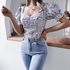 Purple Chiffon Floral Print Lantern Sleeve Blouse