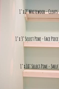 three shelves with measurements for each shelf in the same room, one is whitewood and two are pink