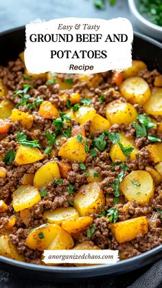 ground beef and potatoes recipe in a skillet