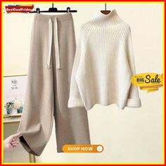 Baggy Long Sleeve Two Piece Set Sweater And Wide Leg Pants, Khaki Blouse, Loose Jumper, Outfit Korean Style, Khaki Tops, Winter Turtleneck, Wide Leg Pant Suit, Knitting Sweater, Knitted Suit