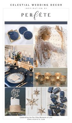 a collage of photos with gold, blue and white decor on it's side