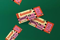 three tickets with the words summer festival written on them are laying in front of each other