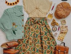 Sunflower Outfit Ideas, Sunflower Aesthetic Outfit, Van Gogh Aesthetic Outfits, Sunflower Inspired Outfit, Sunflower Skirt Outfit, Sunflower Dress Aesthetic, Sunflower Outfit Aesthetic, Van Gogh Inspired Outfit, Van Gogh Outfit