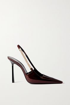 The sharpness of SAINT LAURENT's 'Blake' pumps is accentuated by a glossy lacquer. These dramatically pointed slingbacks are made from patent-leather and embellished with a gold-tone curb chain. Team them with one of the brand's form-fitting mini dresses. Yves Saint Laurent Heels, Mini Heels, Embellished Shoes, Classy Shoes, Ankle Shoes, Shoe Inspo, Aesthetic Shoes, Saint Laurent Shoes, Shoes Heels Pumps