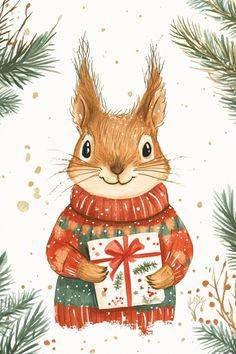 a watercolor painting of a squirrel holding a christmas present in front of pine branches