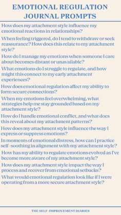 Explore how your attachment style influences emotional regulation with these reflective journal prompts. Learn to manage your emotions in relationships and improve emotional balance. Self Regulation Journal Prompts, Closure Journal Prompts, Emotional Availability Prompts, Journal Prompts For Attachment Issues, Emotional Regulation Techniques, Emotional Regulation Journal Prompts, Emotional Intelligence Journal Prompts