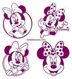 four cartoon minnie mouses with different expressions and designs on their faces, one is purple