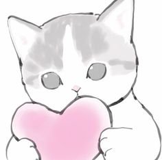 a drawing of a cat holding a heart in it's paws and looking at the camera