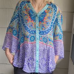 Hale Bob Boho 100% Silk Blouse Is Hand Washable. Armpit To Armpit Approx 19" Beautiful Beading Along The Collar New With Tags Bohemian Long Sleeve Purple Tops, Bohemian Purple Long Sleeve Top, Purple Long Sleeve Bohemian Top, Purple V-neck Top For Vacation, Casual Purple V-neck Blouse, Purple Bohemian Blouse For Spring, Bohemian Purple Blouse For Spring, Purple V-neck Bohemian Blouse, Purple Bohemian Blouse For Vacation