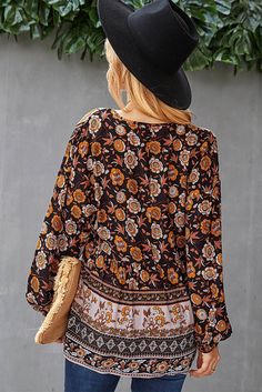 Black Floral Print Loose Drawstring V Neck Blouse Black Long Sleeve Top With Boho Print, Black Bohemian Printed Blouse, Black Boho Print Tops For Spring, Spring Black Boho Print Tops, Black Floral Print Vacation Blouse, Black Bohemian Blouse With Floral Print, Top Designs For Women, Bohemian Style Clothing, Fancy Tops