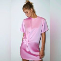 Pink Satin Tee Shirt Dress With Ruching At The Waist. 100% Polyester With Invisible Zipper Closure At Back Neck. Zara Short Dress, Soft Dresses, Short Satin Dress, Zara Mini Dress, Short Satin, Satin Short, Tee Shirt Dress, Halter Mini Dress, Mini Slip Dress