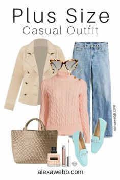 Plus Size Early Spring Sweater Outfit - A plus size casual outfit for early spring with a peach sweater, wide leg jeans, and aqua loafers. Alexa Webb Peach Sweater Outfit, Plus Size Casual Summer Outfits, Winter Into Spring, Spring Sweater Outfits, Peach Sweater, Women's Plus Size Jeans, Plus Size Fashion Tips