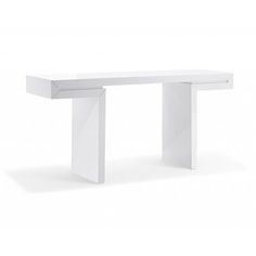 a white table with two legs and a long shelf on one end, against a white background