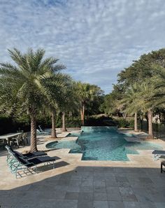 an empty swimming pool surrounded by palm trees